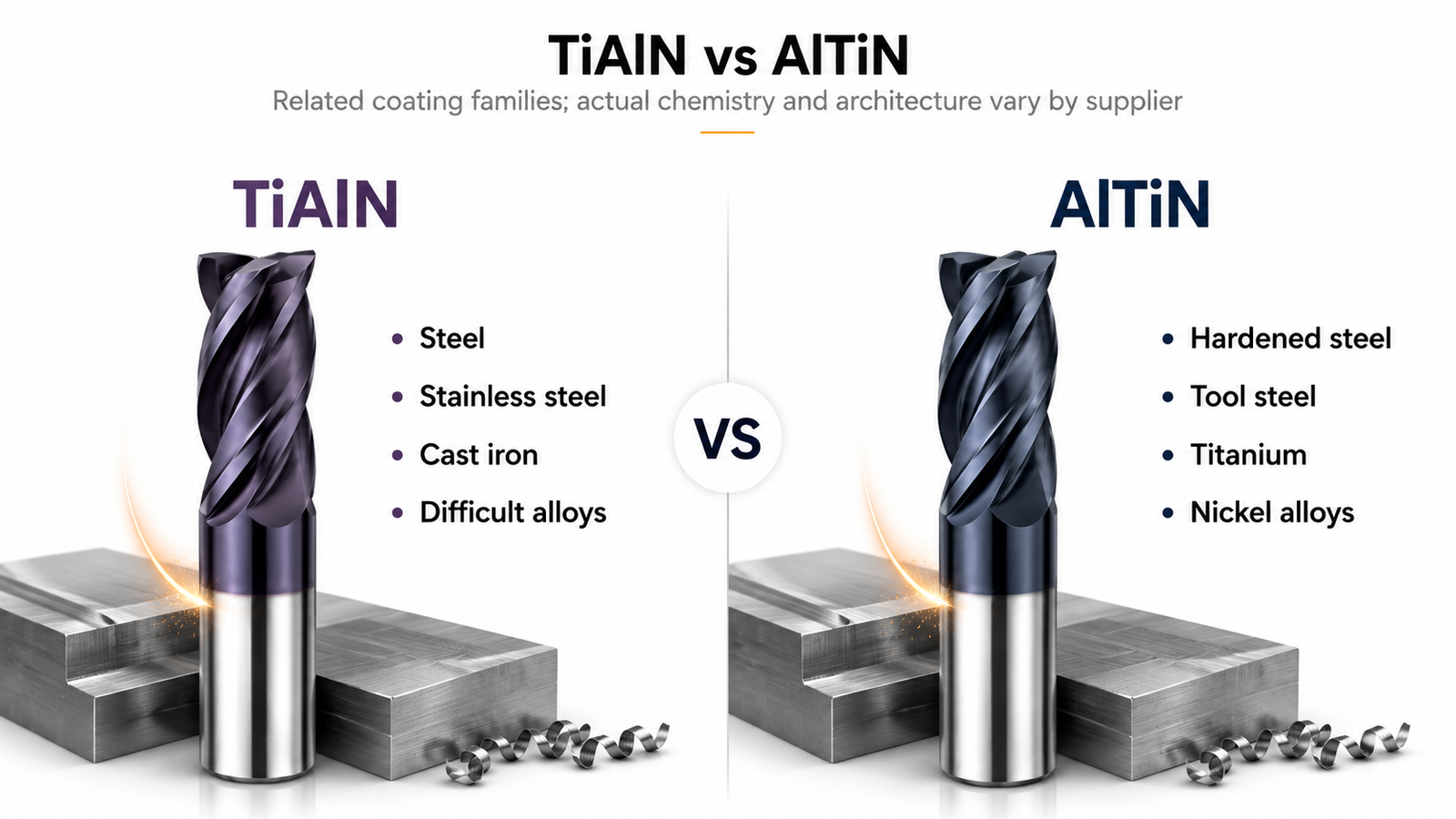 TiAlN vs AlTiN end mill coatings for steel, stainless steel, hardened steel, titanium and nickel alloys