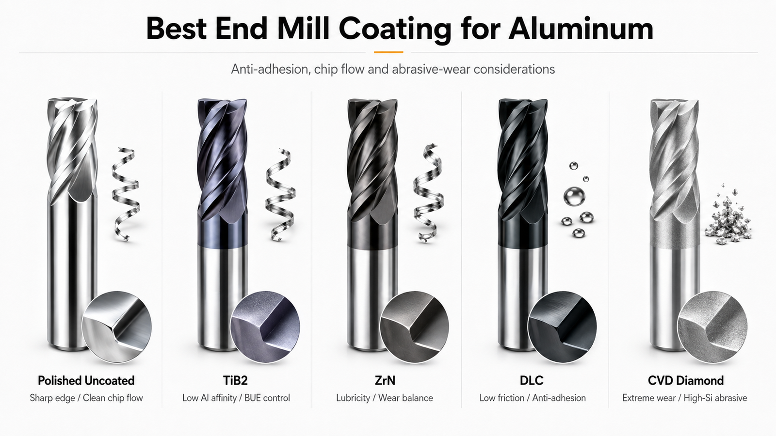 Best end mill coatings for aluminum including polished uncoated carbide, TiB2, ZrN, DLC and CVD diamond
