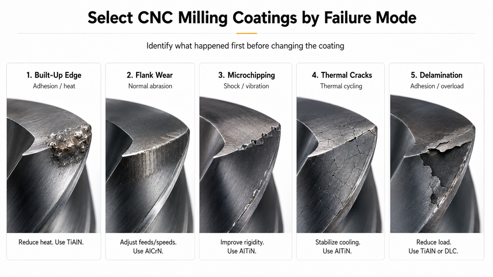 End mill coating failure modes including built-up edge, flank wear, microchipping, thermal cracks and delamination
