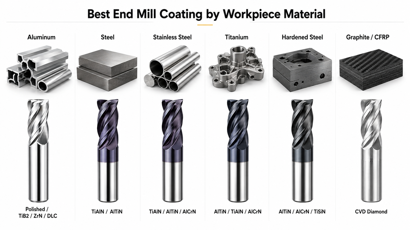 Best end mill coatings by workpiece material for aluminum, steel, stainless steel, titanium, hardened steel, graphite and CFRP