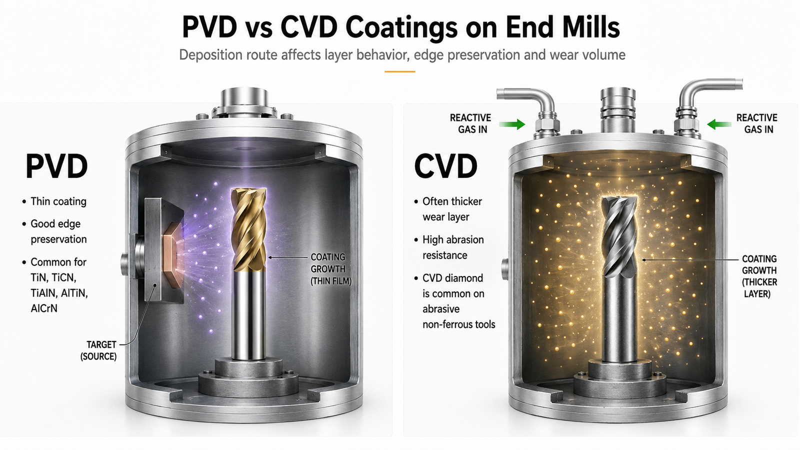 PVD vs CVD coatings on end mills showing thin-film PVD deposition and thicker CVD coating growth
